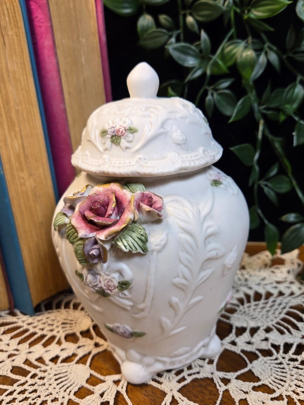 Porcelain Applied Rose Vanity Jar Cottagecore Floral Decor - Vintage